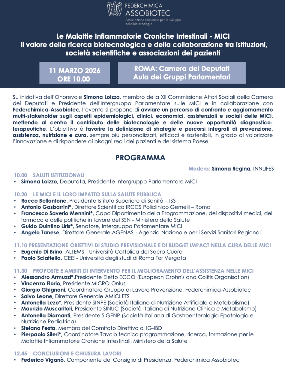 Le Malattie Infiammatorie Croniche Intestinali - MICI ​Il valore della ricerca biotecnologica e della collaborazione tra istituzioni, societ&agrave; scientifiche e associazioni dei pazienti